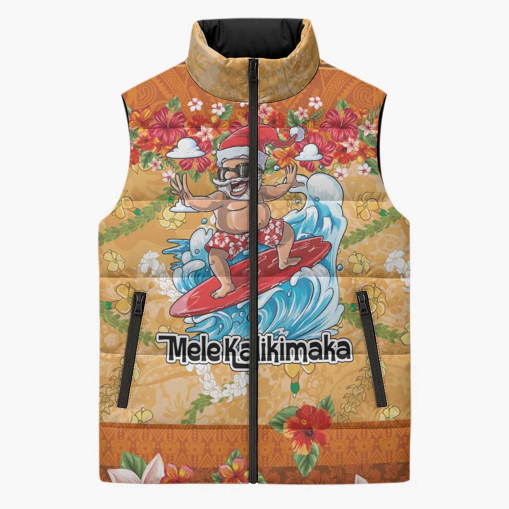 Hawaii Mele Kalikimaka Sleeveless Puffer Jacket Funny Santa Claus Surfing on Tropical Plants LT03 Unisex Multicolor - Polynesian Pride