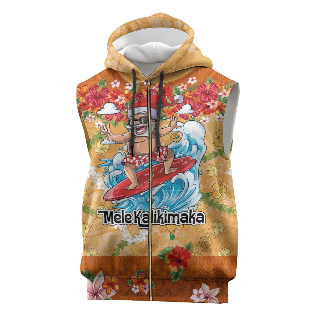 Hawaii Mele Kalikimaka Sleeveless Zip Hoodie Funny Santa Claus Surfing on Tropical Plants - Polynesian Pride