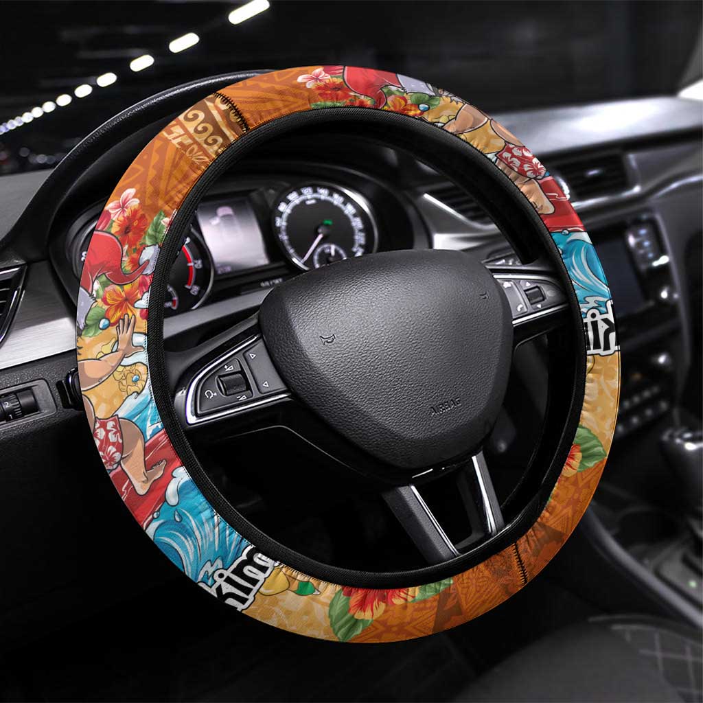 Hawaii Mele Kalikimaka Steering Wheel Cover Funny Santa Claus Surfing on Tropical Plants - Polynesian Pride