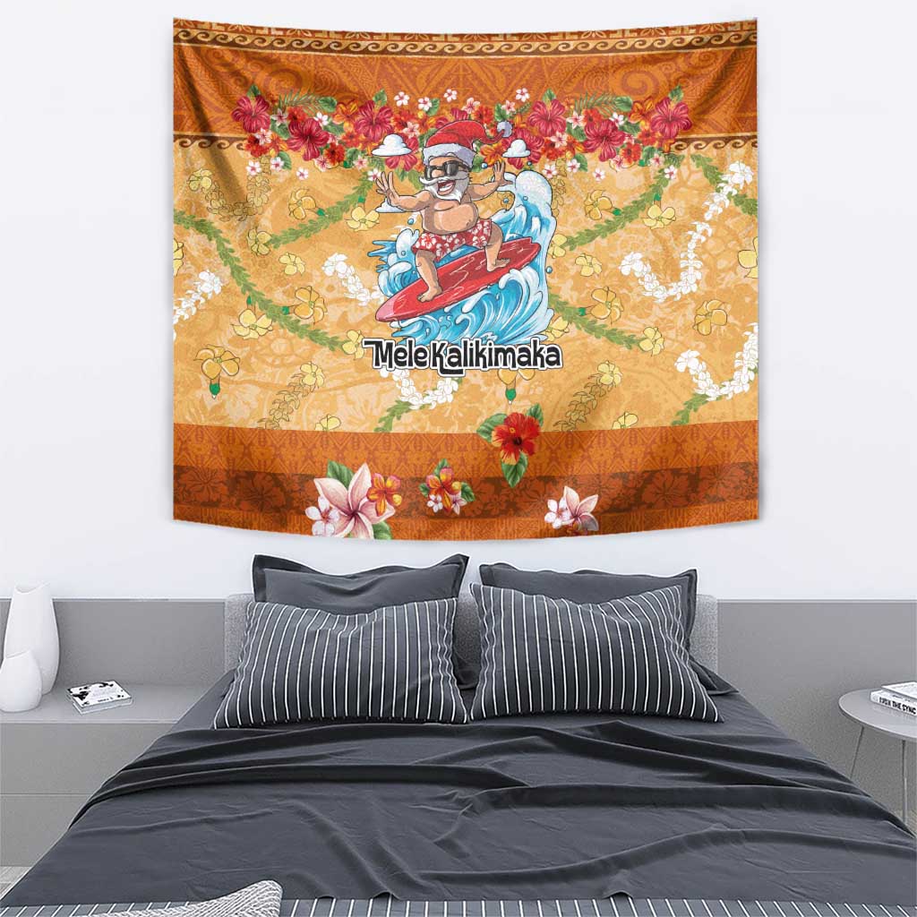 Hawaii Mele Kalikimaka Tapestry Funny Santa Claus Surfing on Tropical Plants - Polynesian Pride