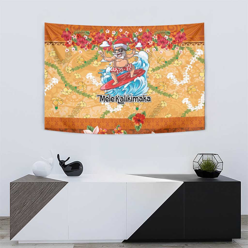 Hawaii Mele Kalikimaka Tapestry Funny Santa Claus Surfing on Tropical Plants - Polynesian Pride