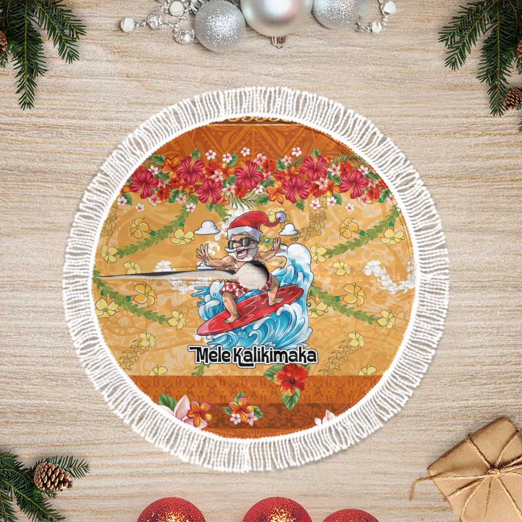 Hawaii Mele Kalikimaka Tree Skirt Funny Santa Claus Surfing on Tropical Plants - Polynesian Pride
