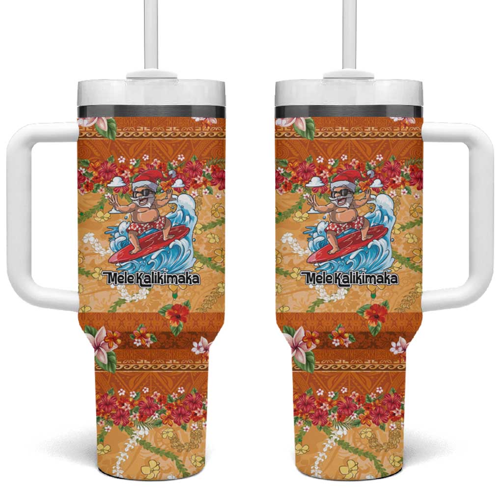 Hawaii Mele Kalikimaka Tumbler With Handle Funny Santa Claus Surfing on Tropical Plants - Polynesian Pride
