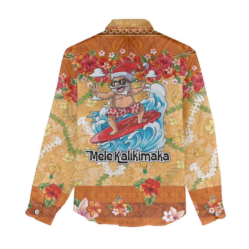 Hawaii Mele Kalikimaka Women Casual Shirt Funny Santa Claus Surfing on Tropical Plants - Polynesian Pride