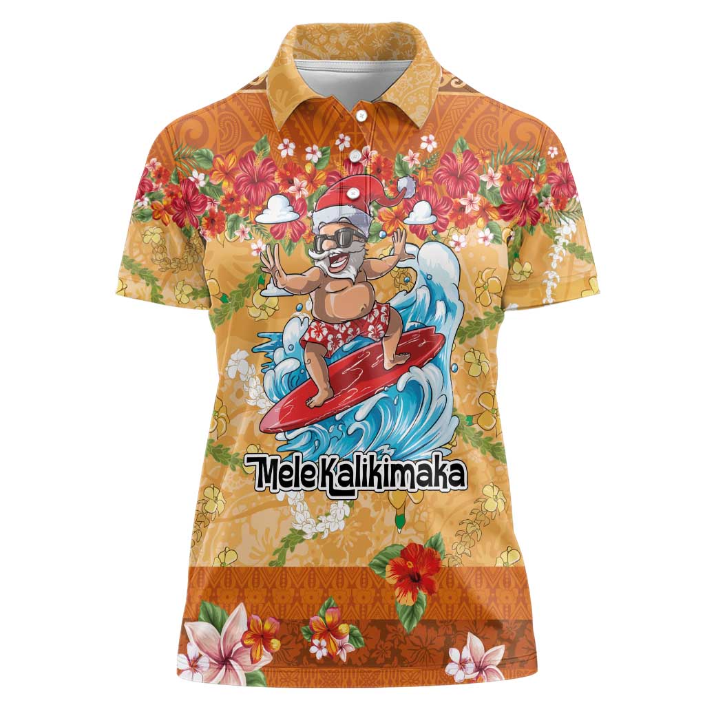 Hawaii Mele Kalikimaka Women Polo Shirt Funny Santa Claus Surfing on Tropical Plants - Polynesian Pride