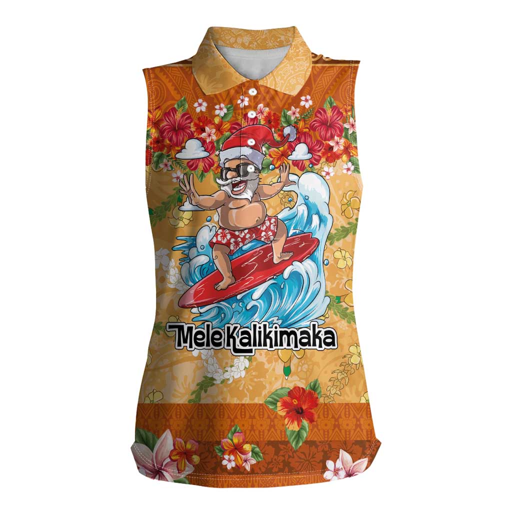Hawaii Mele Kalikimaka Women Sleeveless Polo Shirt Funny Santa Claus Surfing on Tropical Plants - Polynesian Pride