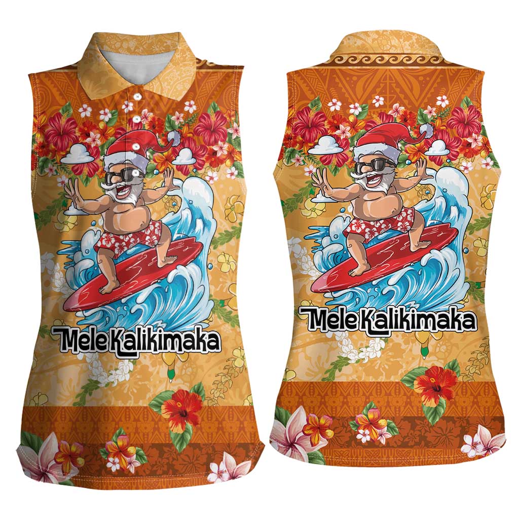 Hawaii Mele Kalikimaka Women Sleeveless Polo Shirt Funny Santa Claus Surfing on Tropical Plants - Polynesian Pride