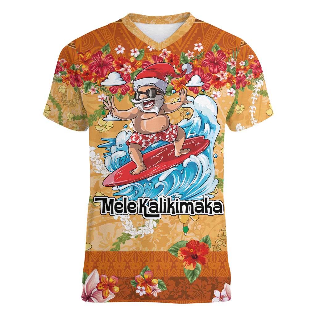 Hawaii Mele Kalikimaka Women V-Neck T-Shirt Funny Santa Claus Surfing on Tropical Plants - Polynesian Pride
