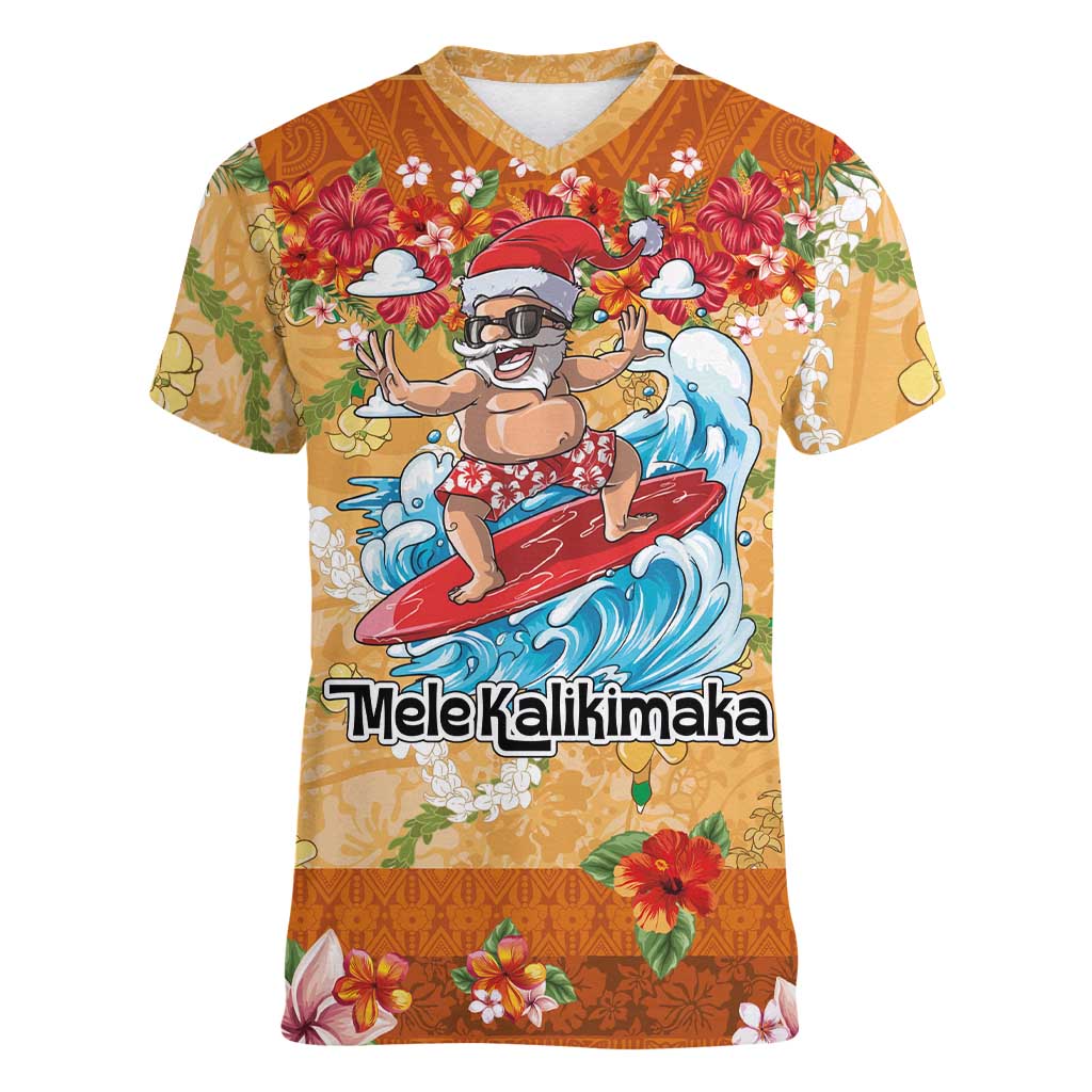 Hawaii Mele Kalikimaka Women V-Neck T-Shirt Funny Santa Claus Surfing on Tropical Plants LT03 Female Multicolor - Polynesian Pride