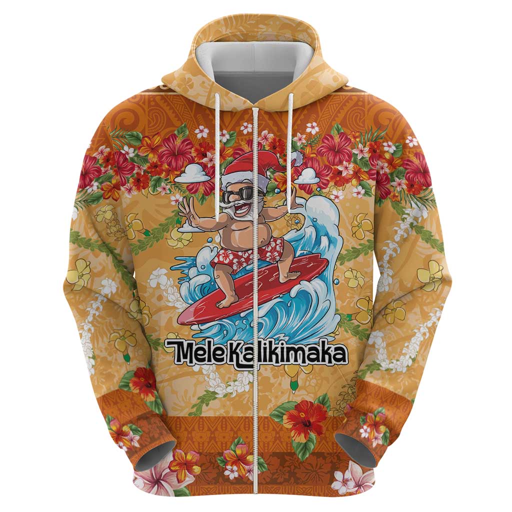 Hawaii Mele Kalikimaka Zip Hoodie Funny Santa Claus Surfing on Tropical Plants - Polynesian Pride
