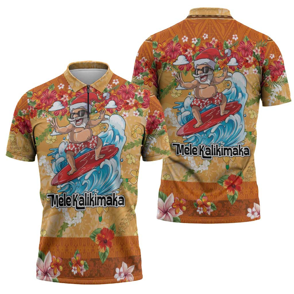 Hawaii Mele Kalikimaka Zipper Polo Shirt Funny Santa Claus Surfing on Tropical Plants - Polynesian Pride