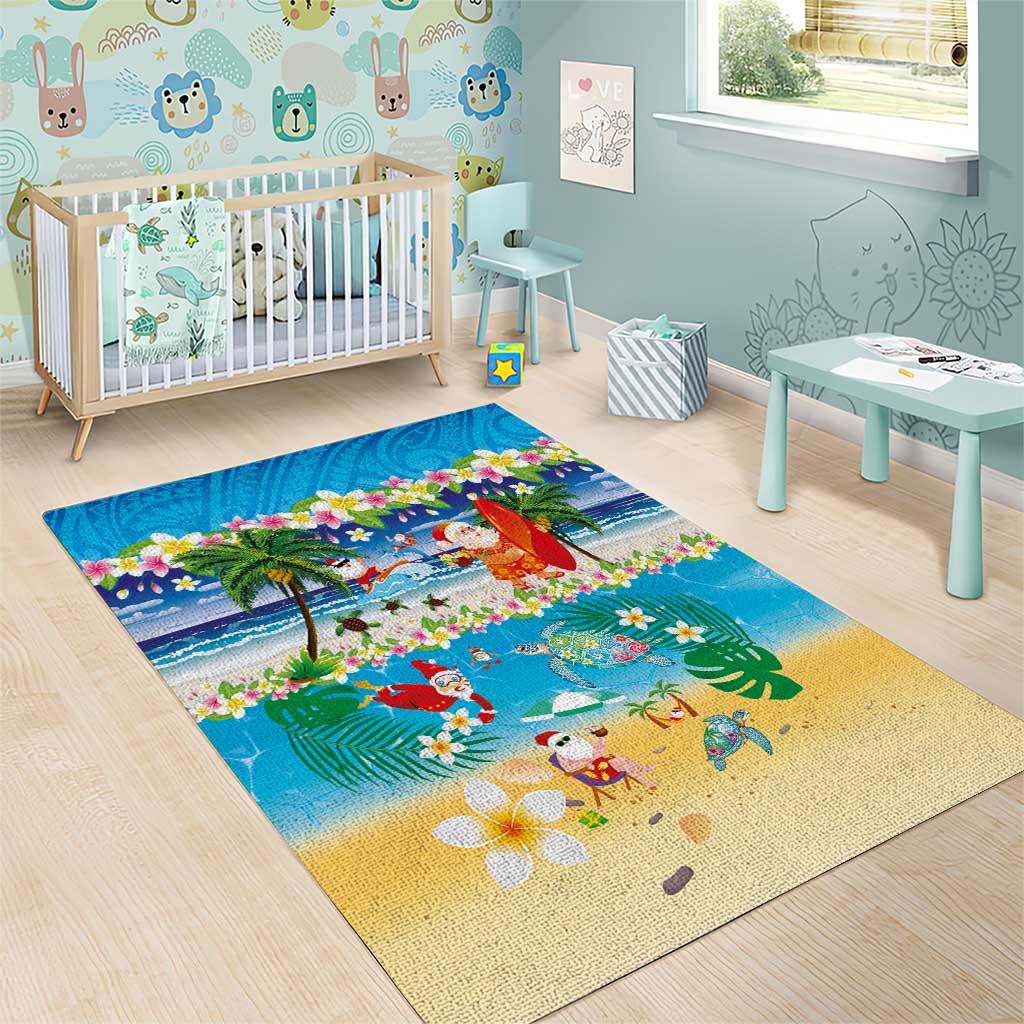 Polynesian Merry Christmas Area Rug Funny Santa Beach Tropical Plant and Turtle - Polynesian Pride