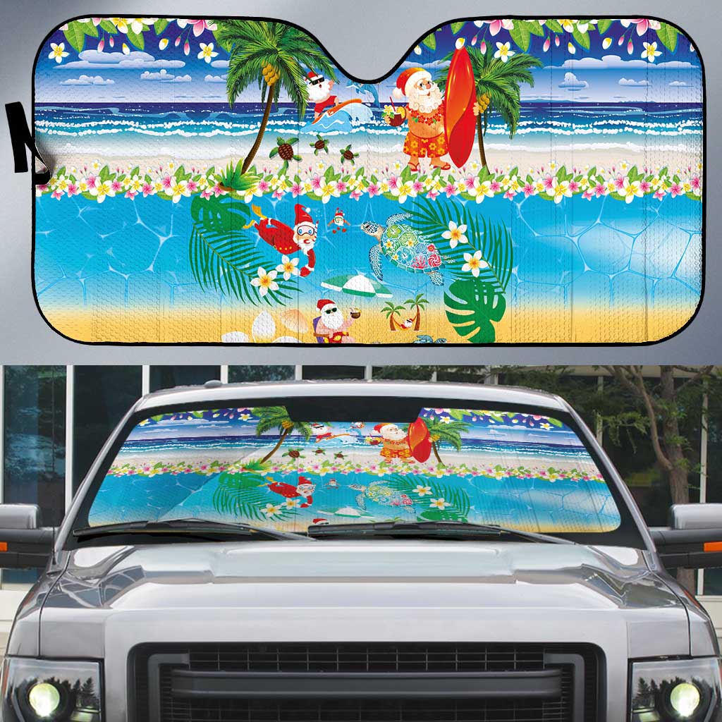 Polynesian Merry Christmas Auto Sun Shade Funny Santa Beach Tropical Plant and Turtle - Polynesian Pride
