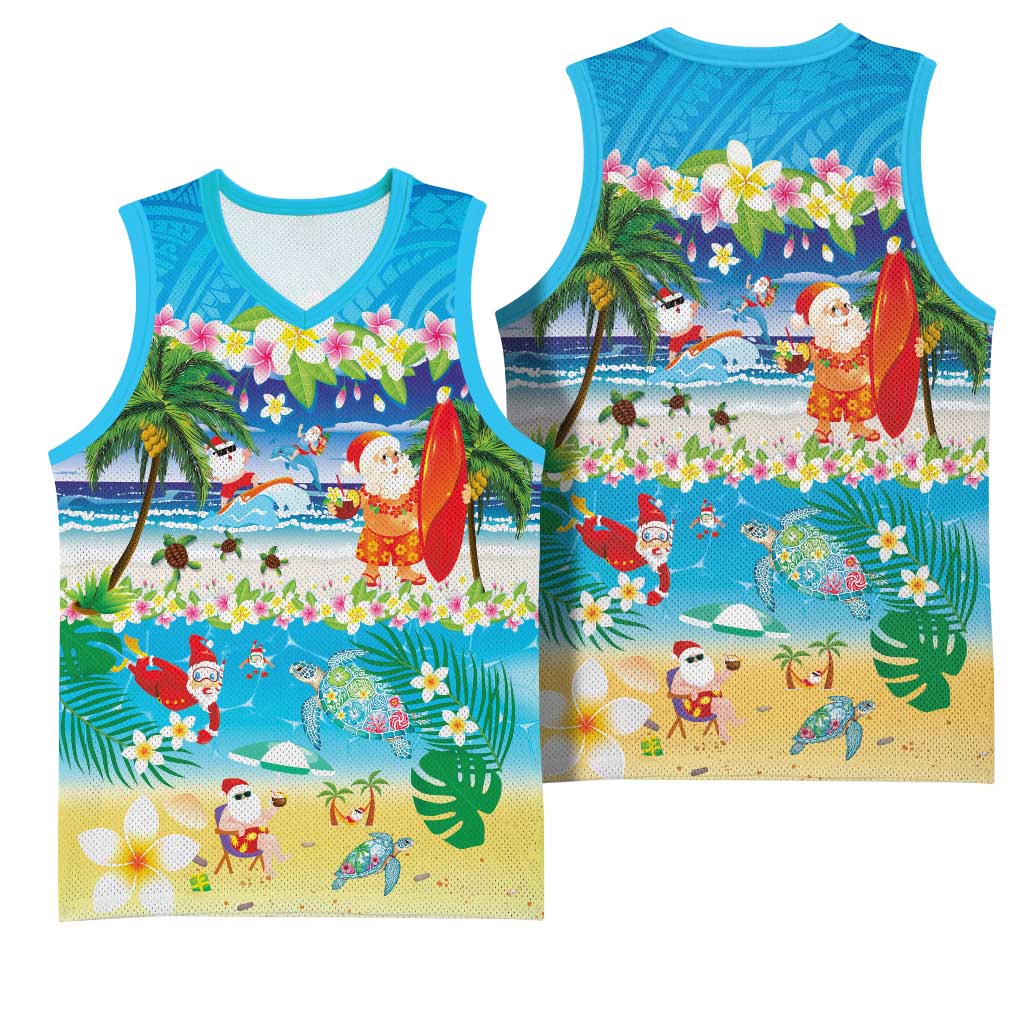 Polynesian Merry Christmas Basketball Jersey Funny Santa Beach Tropical Plant and Turtle - Polynesian Pride