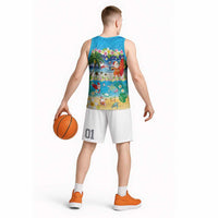 Polynesian Merry Christmas Basketball Jersey Funny Santa Beach Tropical Plant and Turtle - Polynesian Pride