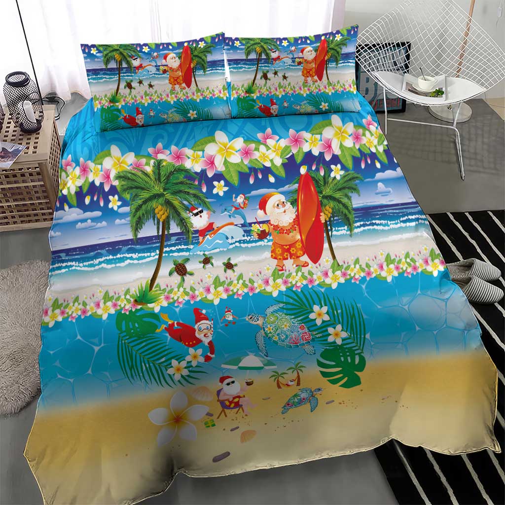 Polynesian Merry Christmas Bedding Set Funny Santa Beach Tropical Plant and Turtle - Polynesian Pride