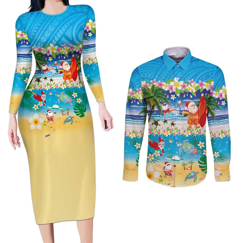 Polynesian Merry Christmas Couples Matching Long Sleeve Bodycon Dress and Long Sleeve Button Shirt Funny Santa Beach Tropical Plant and Turtle - Polynesian Pride