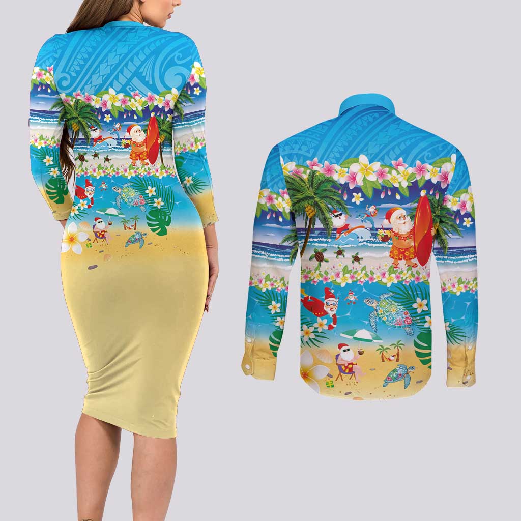 Polynesian Merry Christmas Couples Matching Long Sleeve Bodycon Dress and Long Sleeve Button Shirt Funny Santa Beach Tropical Plant and Turtle - Polynesian Pride