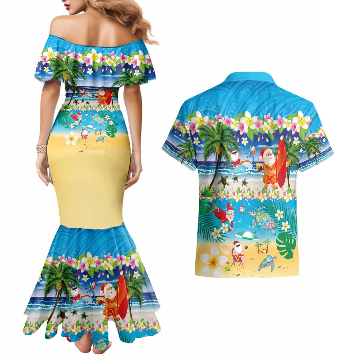 Polynesian Merry Christmas Couples Matching Mermaid Dress and Hawaiian Shirt Funny Santa Beach Tropical Plant and Turtle - Polynesian Pride