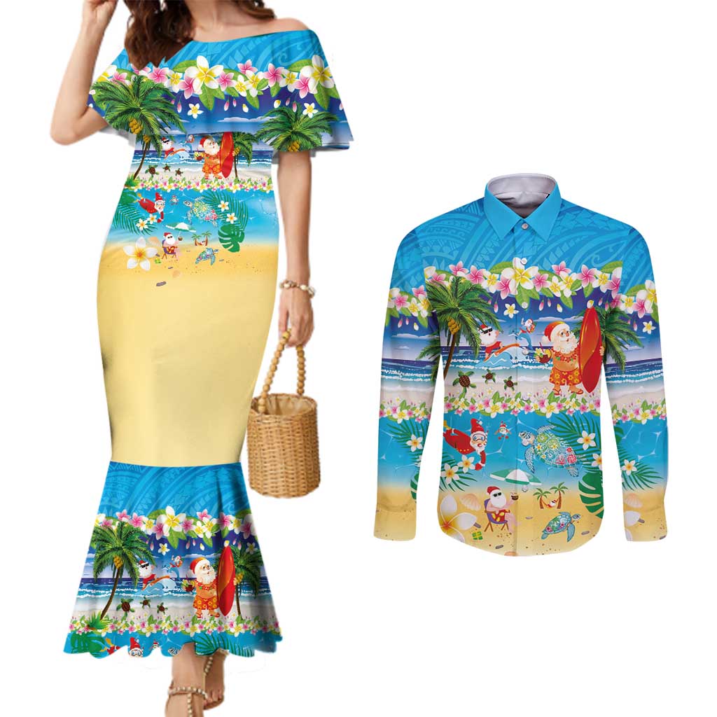 Polynesian Merry Christmas Couples Matching Mermaid Dress and Long Sleeve Button Shirt Funny Santa Beach Tropical Plant and Turtle - Polynesian Pride