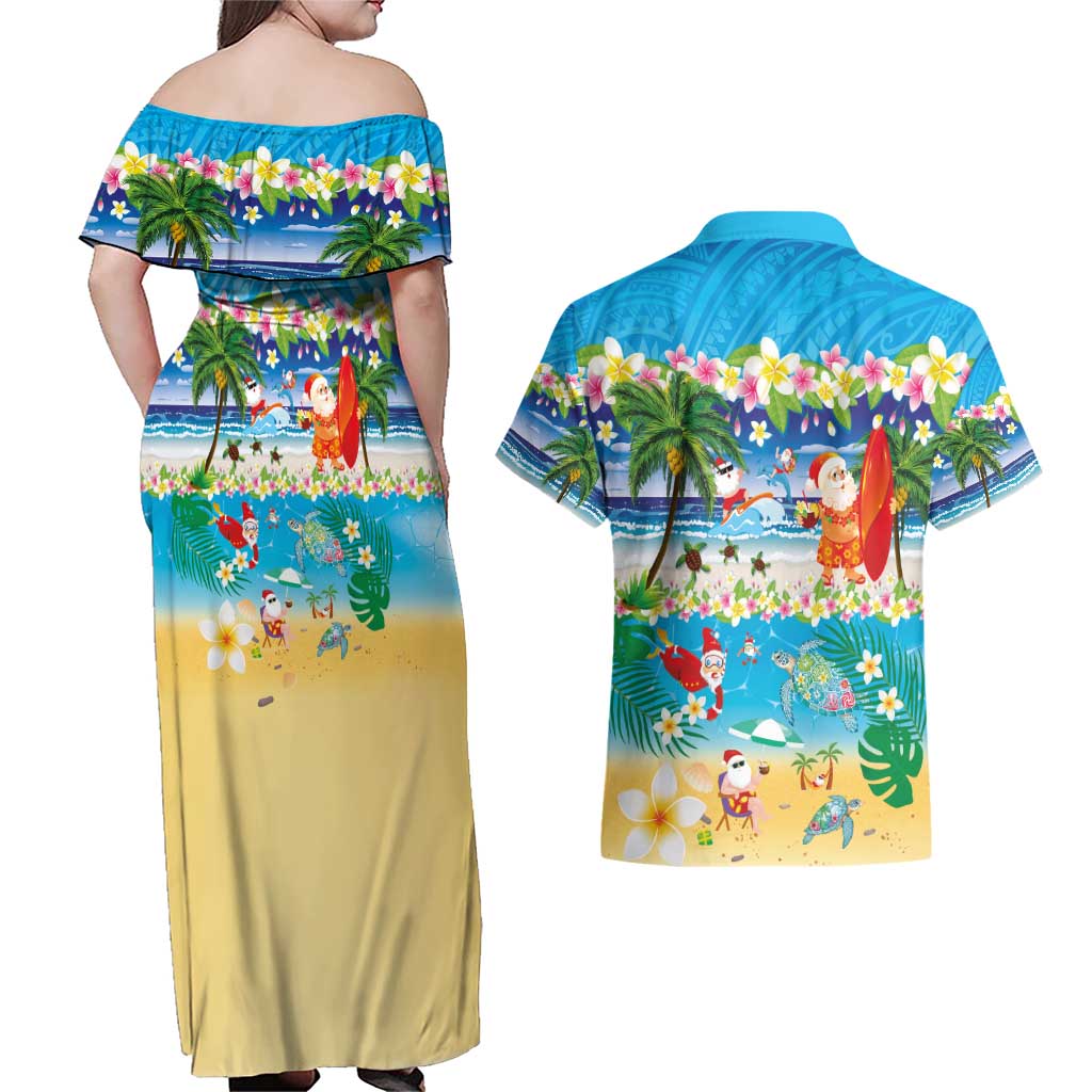 Polynesian Merry Christmas Couples Matching Off Shoulder Maxi Dress and Hawaiian Shirt Funny Santa Beach Tropical Plant and Turtle - Polynesian Pride