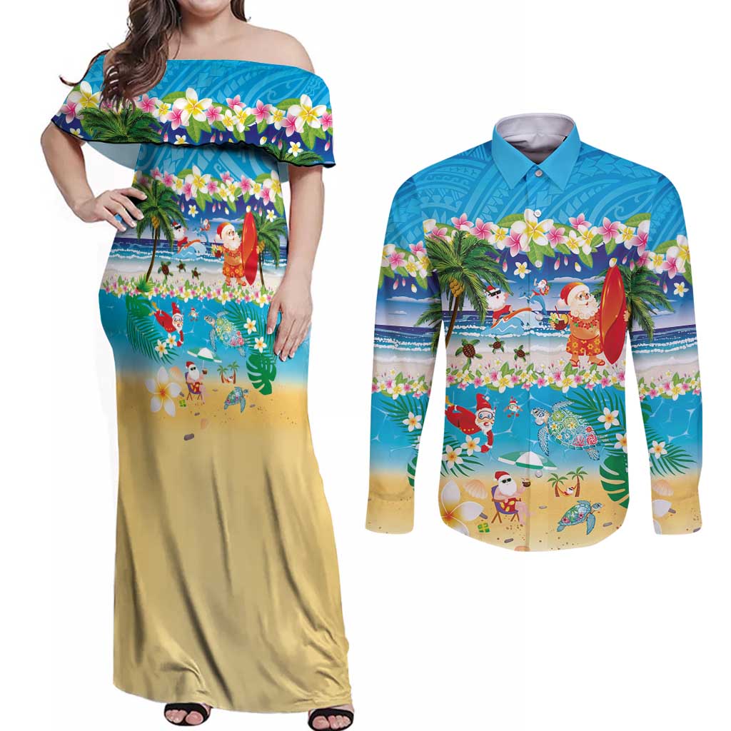 Polynesian Merry Christmas Couples Matching Off Shoulder Maxi Dress and Long Sleeve Button Shirt Funny Santa Beach Tropical Plant and Turtle - Polynesian Pride