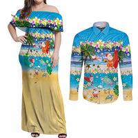 Polynesian Merry Christmas Couples Matching Off Shoulder Maxi Dress and Long Sleeve Button Shirt Funny Santa Beach Tropical Plant and Turtle - Polynesian Pride