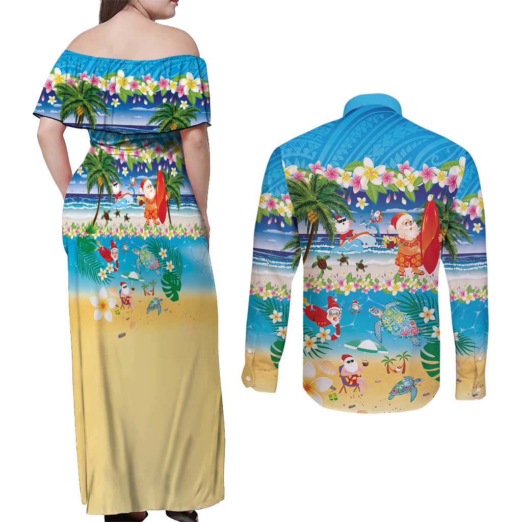 Polynesian Merry Christmas Couples Matching Off Shoulder Maxi Dress and Long Sleeve Button Shirt Funny Santa Beach Tropical Plant and Turtle - Polynesian Pride