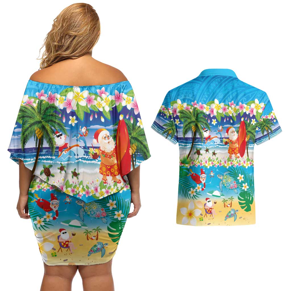 Polynesian Merry Christmas Couples Matching Off Shoulder Short Dress and Hawaiian Shirt Funny Santa Beach Tropical Plant and Turtle - Polynesian Pride
