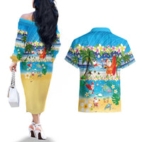 Polynesian Merry Christmas Couples Matching Off The Shoulder Long Sleeve Dress and Hawaiian Shirt Funny Santa Beach Tropical Plant and Turtle - Polynesian Pride