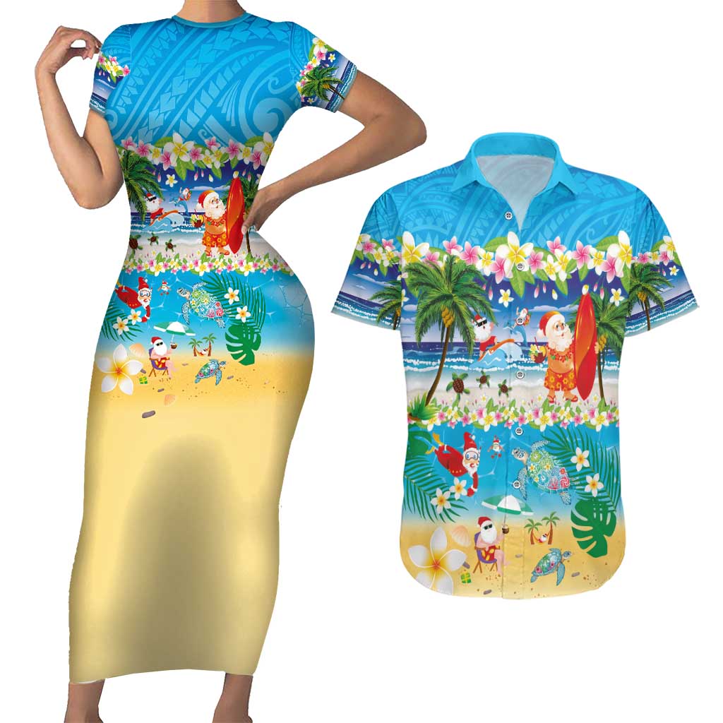 Polynesian Merry Christmas Couples Matching Short Sleeve Bodycon Dress and Hawaiian Shirt Funny Santa Beach Tropical Plant and Turtle - Polynesian Pride