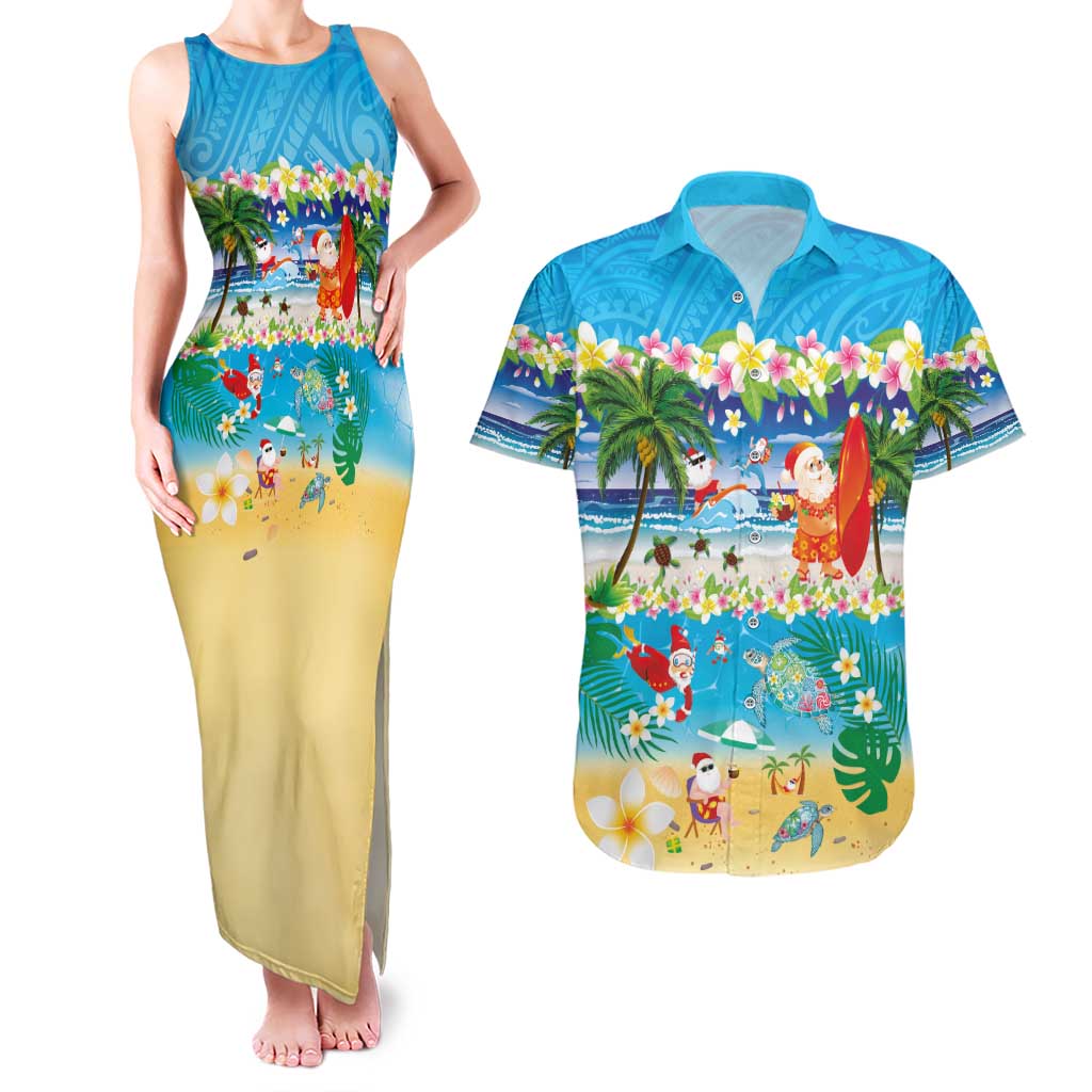 Polynesian Merry Christmas Couples Matching Tank Maxi Dress and Hawaiian Shirt Funny Santa Beach Tropical Plant and Turtle - Polynesian Pride