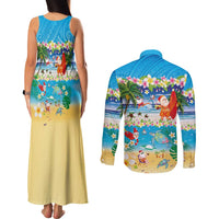 Polynesian Merry Christmas Couples Matching Tank Maxi Dress and Long Sleeve Button Shirt Funny Santa Beach Tropical Plant and Turtle - Polynesian Pride