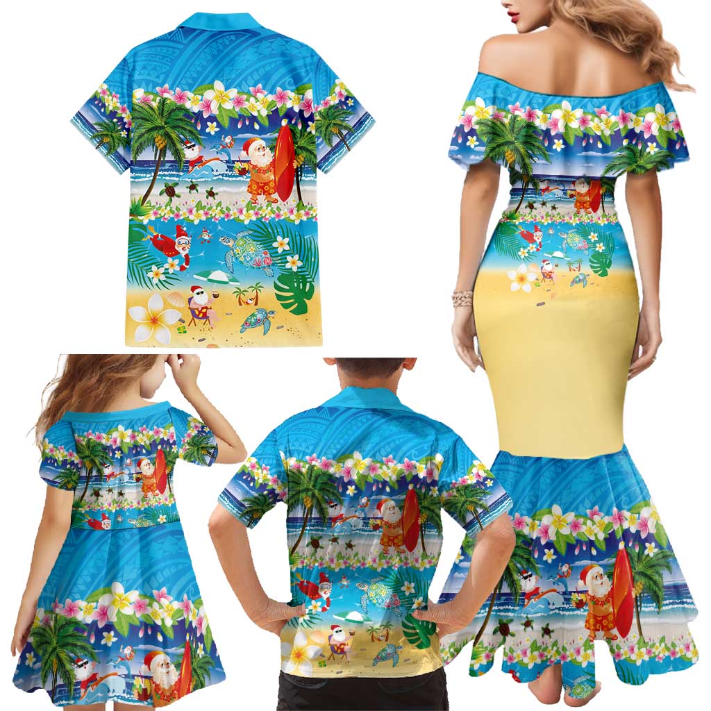Polynesian Merry Christmas Family Matching Mermaid Dress and Hawaiian Shirt Funny Santa Beach Tropical Plant and Turtle - Polynesian Pride