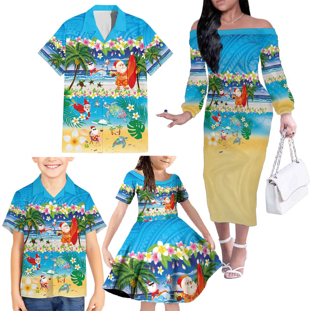Polynesian Merry Christmas Family Matching Off The Shoulder Long Sleeve Dress and Hawaiian Shirt Funny Santa Beach Tropical Plant and Turtle - Polynesian Pride
