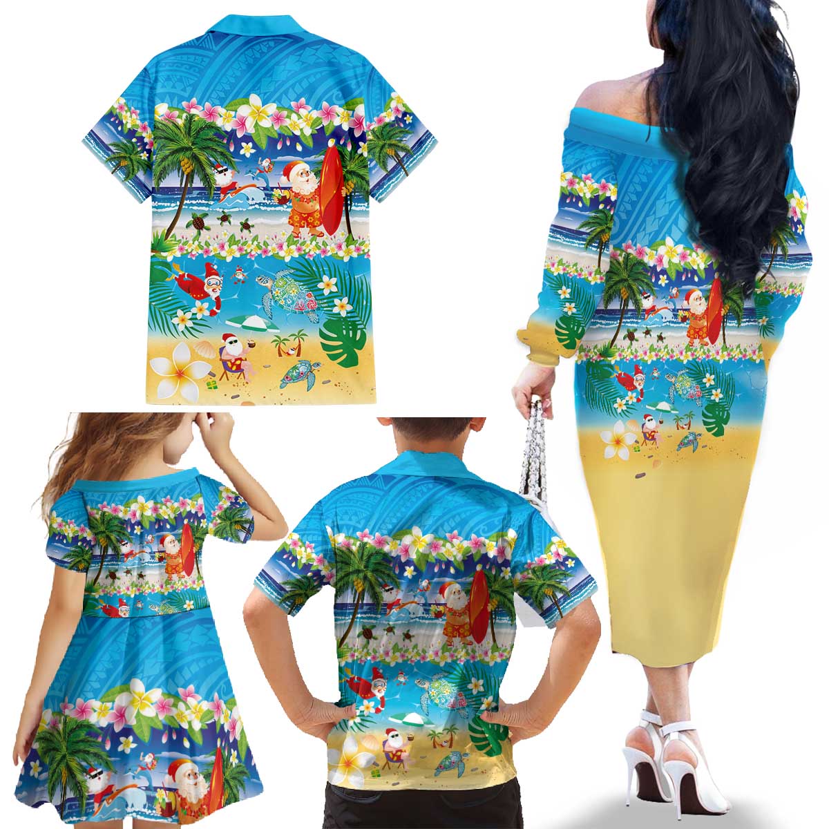 Polynesian Merry Christmas Family Matching Off The Shoulder Long Sleeve Dress and Hawaiian Shirt Funny Santa Beach Tropical Plant and Turtle - Polynesian Pride