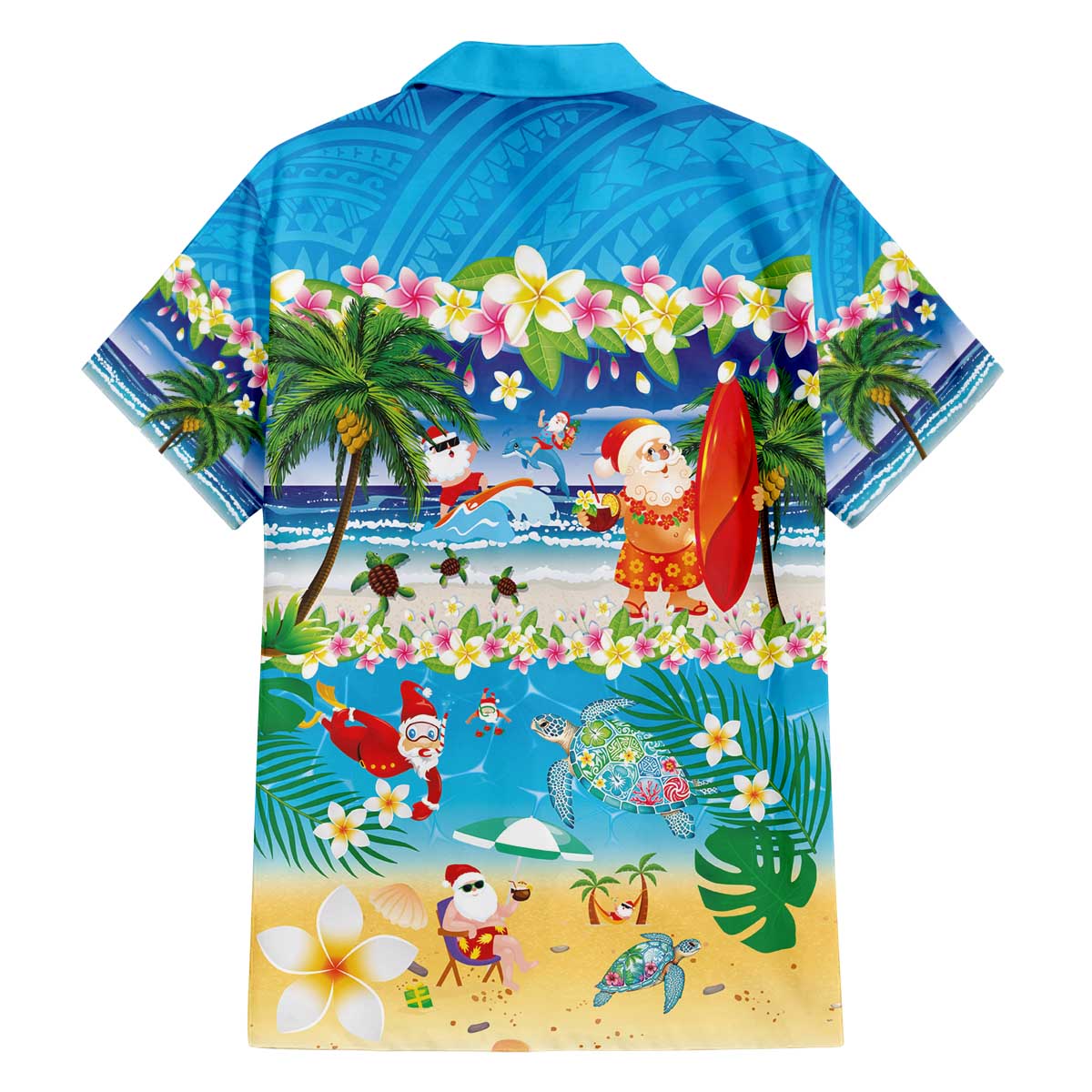 Polynesian Merry Christmas Family Matching Off The Shoulder Long Sleeve Dress and Hawaiian Shirt Funny Santa Beach Tropical Plant and Turtle - Polynesian Pride