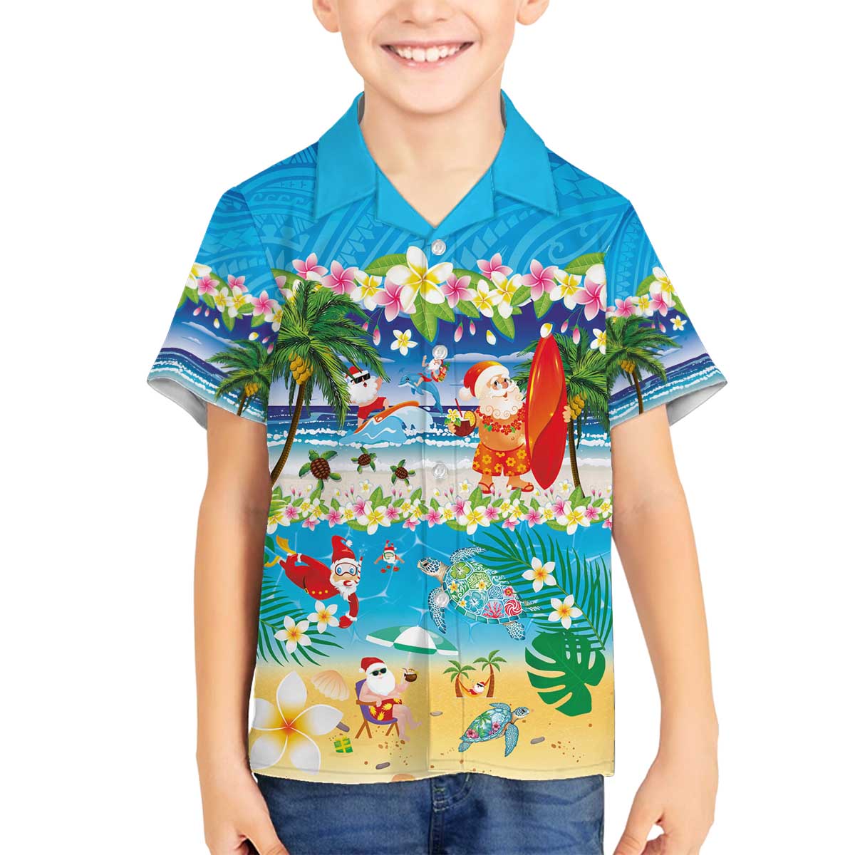 Polynesian Merry Christmas Family Matching Off The Shoulder Long Sleeve Dress and Hawaiian Shirt Funny Santa Beach Tropical Plant and Turtle - Polynesian Pride