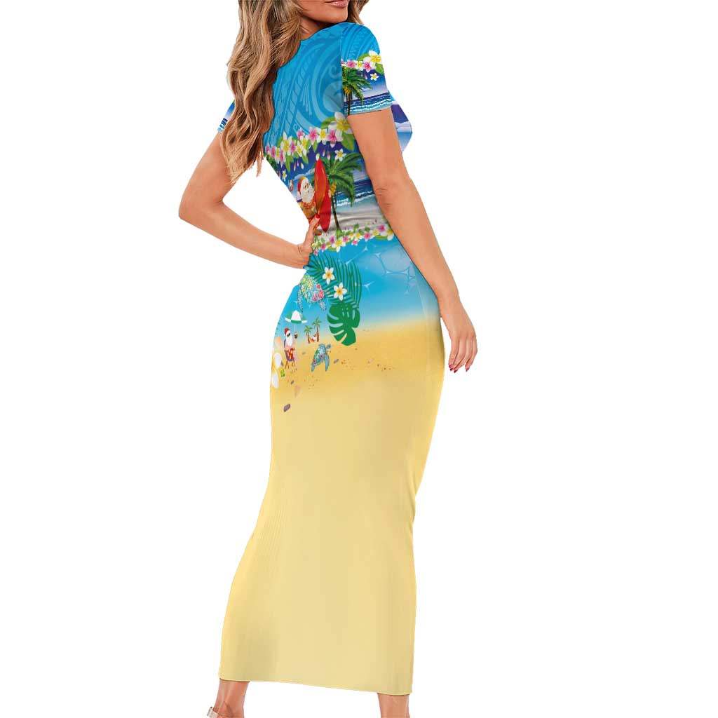 Polynesian Merry Christmas Family Matching Short Sleeve Bodycon Dress and Hawaiian Shirt Funny Santa Beach Tropical Plant and Turtle - Polynesian Pride