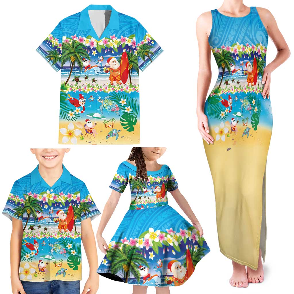Polynesian Merry Christmas Family Matching Tank Maxi Dress and Hawaiian Shirt Funny Santa Beach Tropical Plant and Turtle - Polynesian Pride