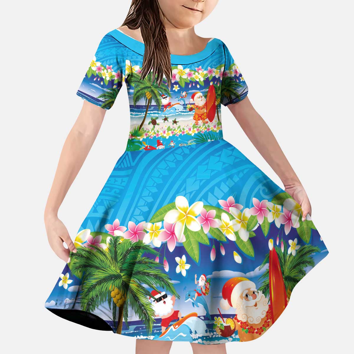 Polynesian Merry Christmas Kid Short Sleeve Dress Funny Santa Beach Tropical Plant and Turtle - Polynesian Pride