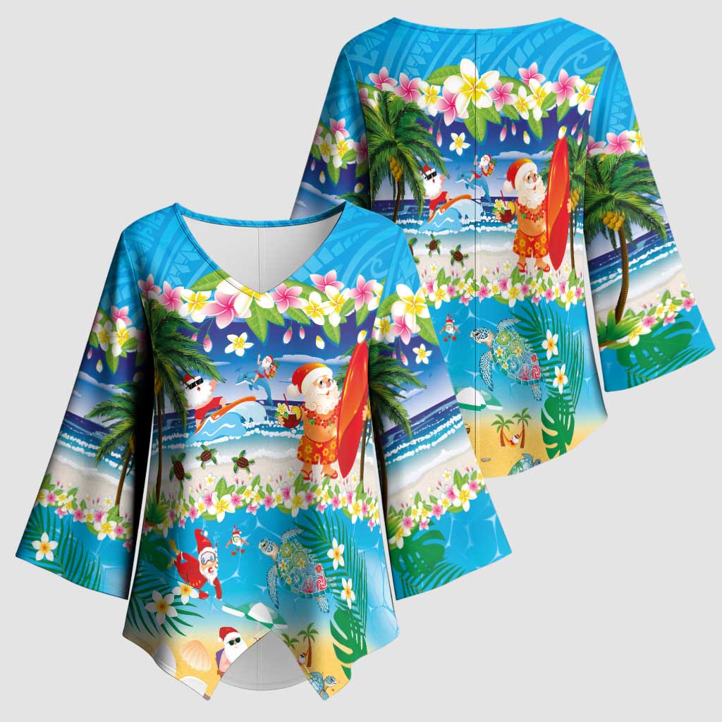 Polynesian Merry Christmas Kimono Sleeve Blouse Funny Santa Beach Tropical Plant and Turtle - Polynesian Pride
