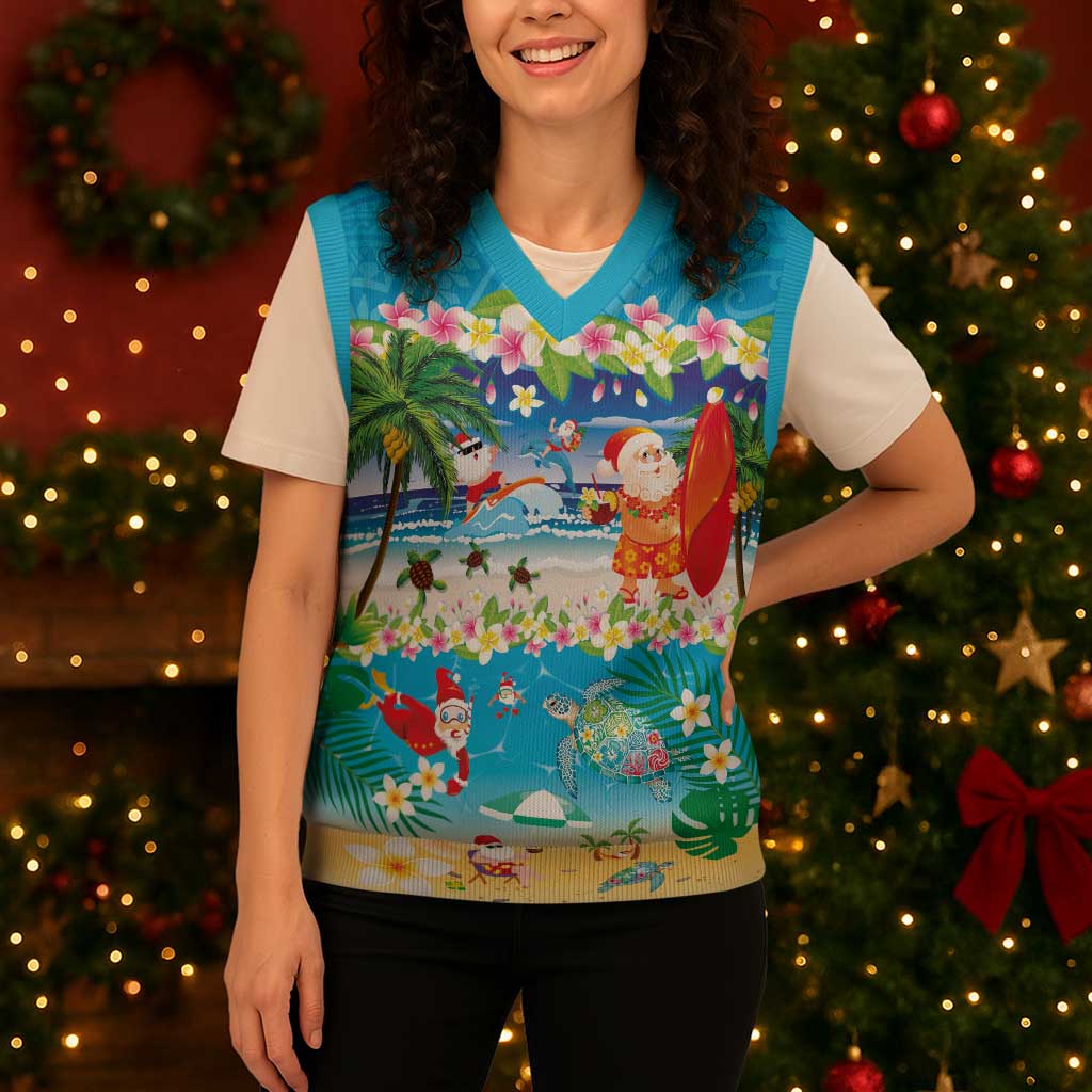 Polynesian Merry Christmas Knitted V-Neck Vest Funny Santa Beach Tropical Plant and Turtle - Polynesian Pride