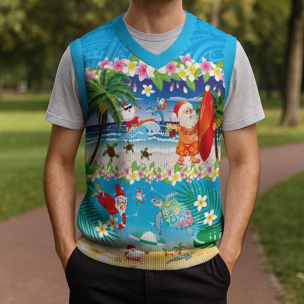 Polynesian Merry Christmas Knitted V-Neck Vest Funny Santa Beach Tropical Plant and Turtle - Polynesian Pride