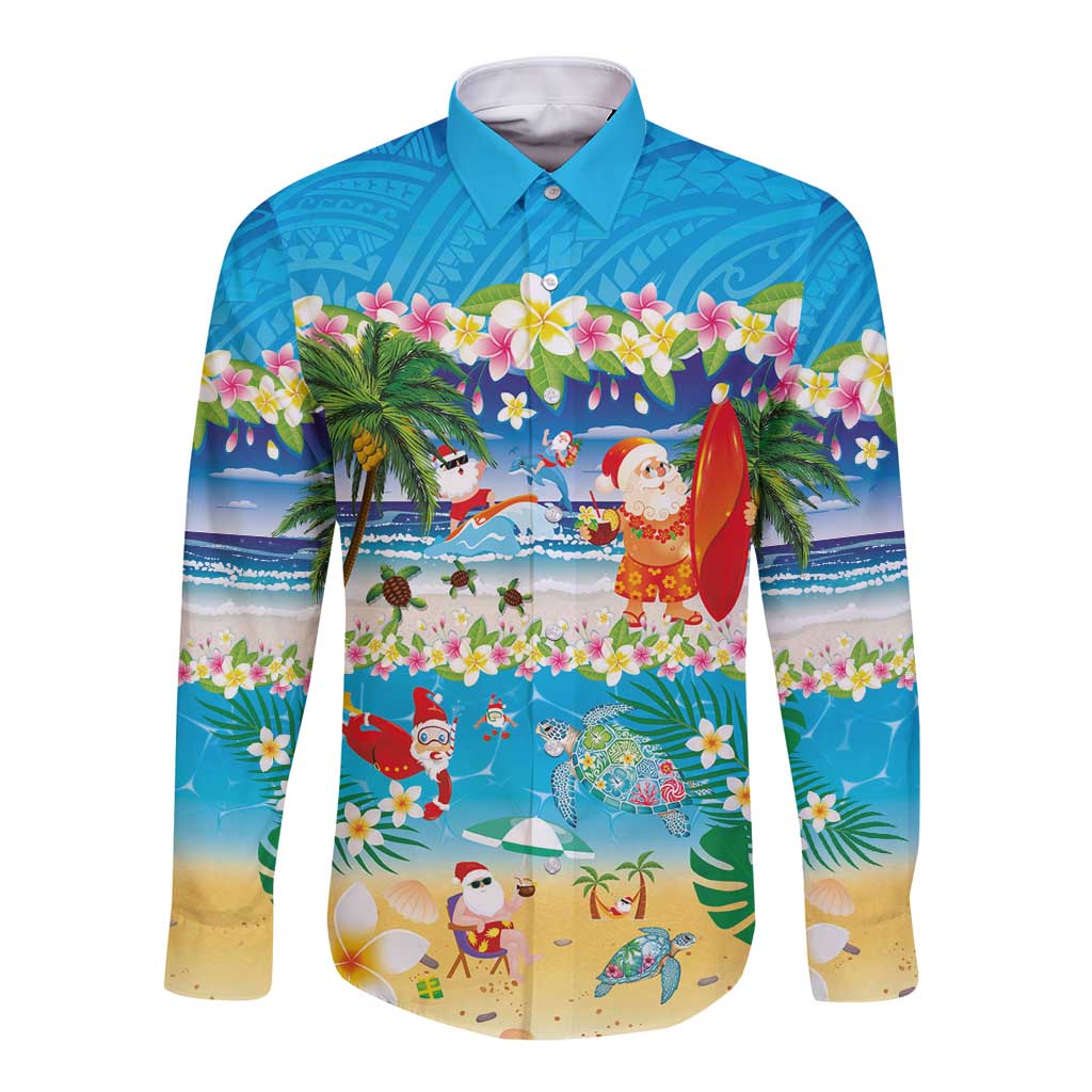 Polynesian Merry Christmas Long Sleeve Button Shirt Funny Santa Beach Tropical Plant and Turtle - Polynesian Pride