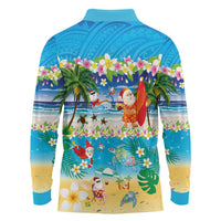 Polynesian Merry Christmas Long Sleeve Polo Shirt Funny Santa Beach Tropical Plant and Turtle - Polynesian Pride