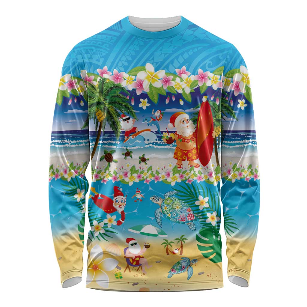 Polynesian Merry Christmas Long Sleeve Shirt Funny Santa Beach Tropical Plant and Turtle - Polynesian Pride
