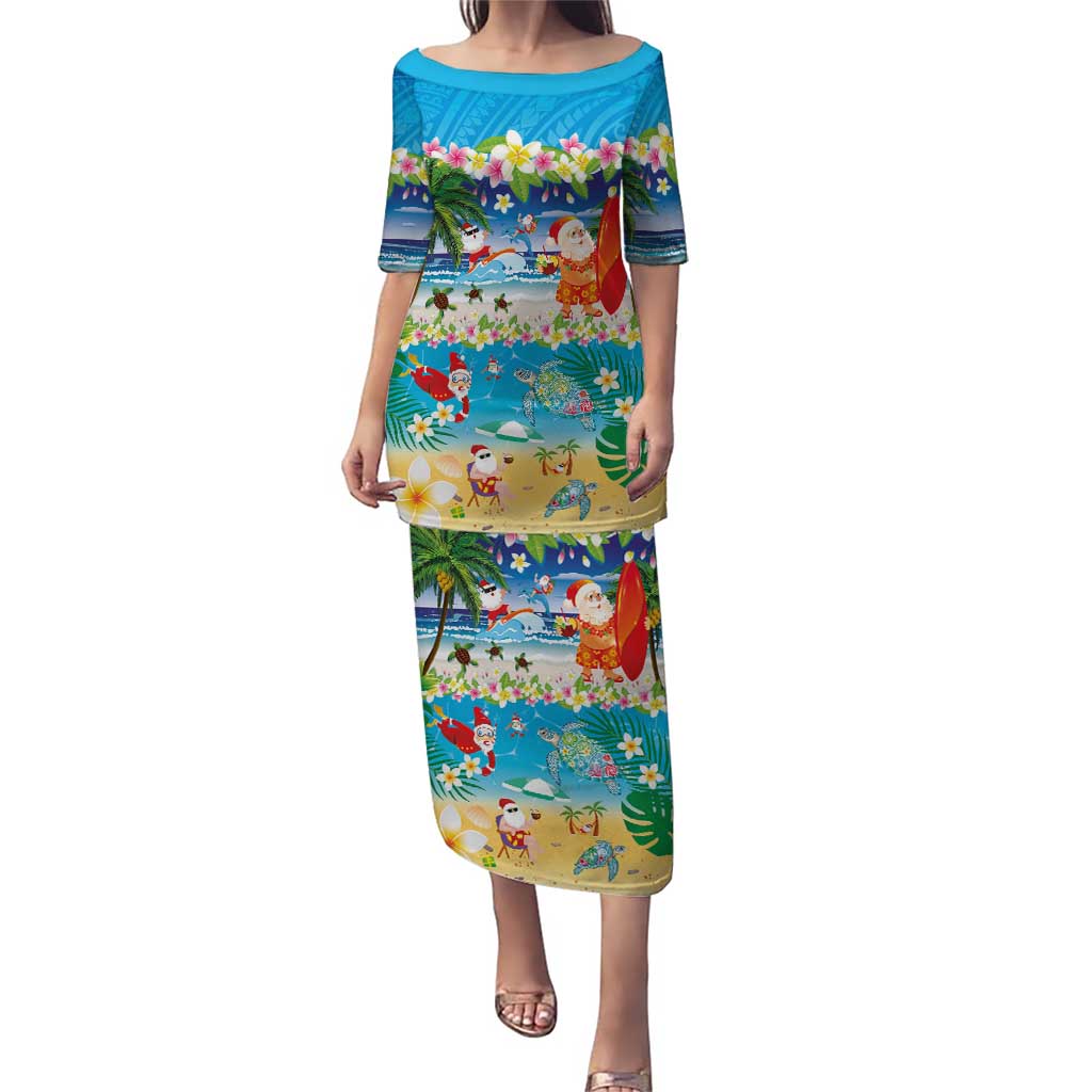 Polynesian Merry Christmas Puletasi Funny Santa Beach Tropical Plant and Turtle - Polynesian Pride