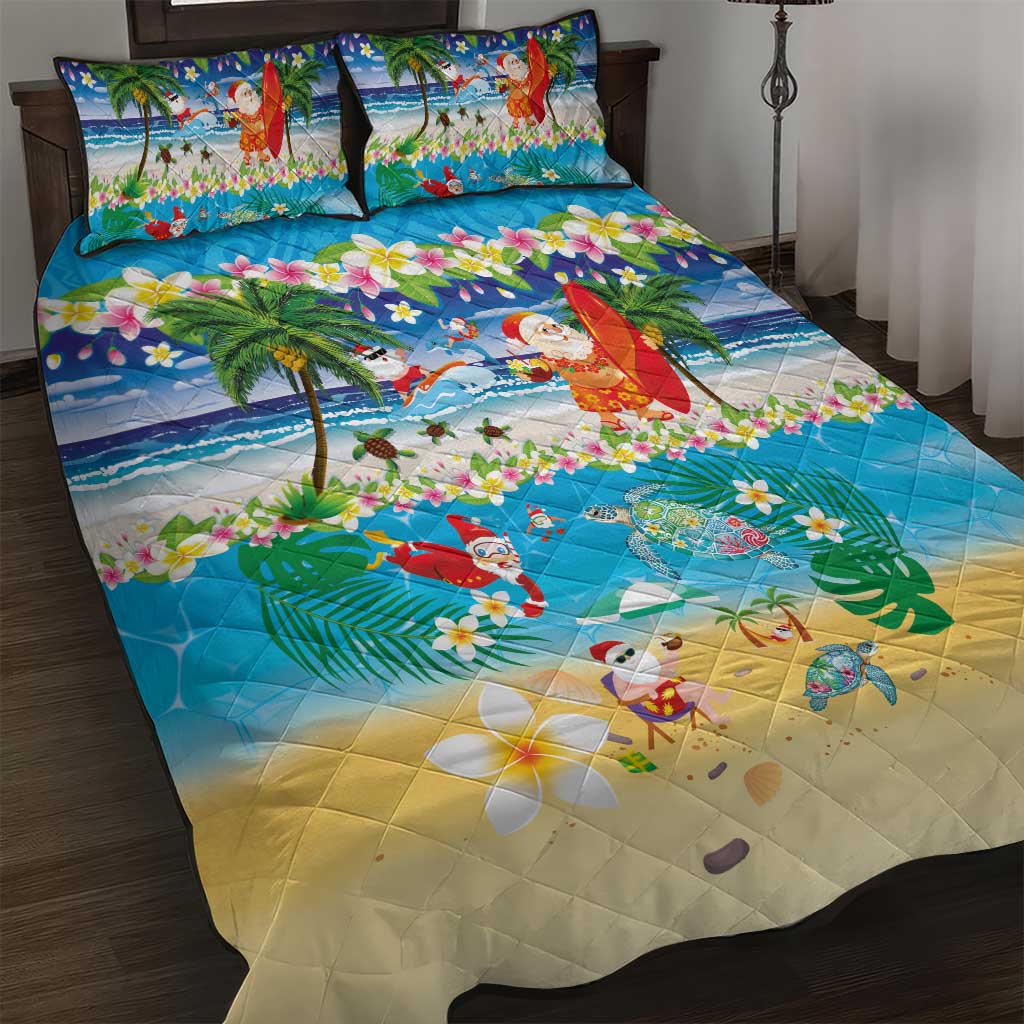 Polynesian Merry Christmas Quilt Bed Set Funny Santa Beach Tropical Plant and Turtle - Polynesian Pride