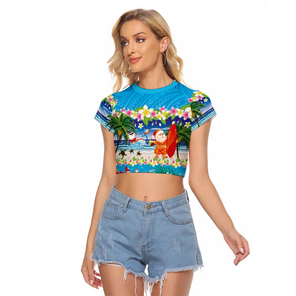Polynesian Merry Christmas Raglan Cropped T Shirt Funny Santa Beach Tropical Plant and Turtle - Polynesian Pride